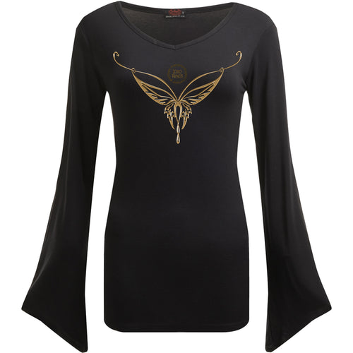 LOTR - ELVEN NECKLACE - V Neck Goth Sleeve Top Black