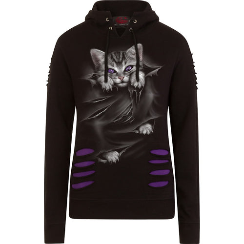 BRIGHT EYES - Large Hood Ripped Hoody Purple-Black