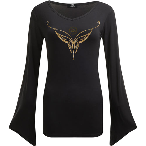 LOTR - ELVEN NECKLACE - V Neck Goth Sleeve Top Black