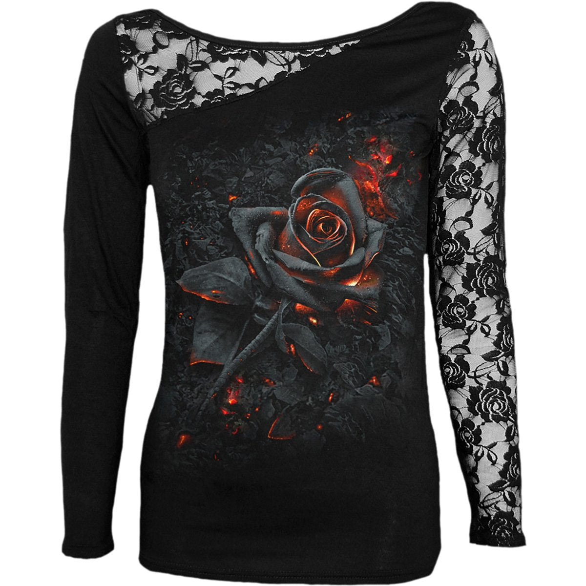 BURNT ROSE - Lace One Shoulder Top Black - Spiral USA