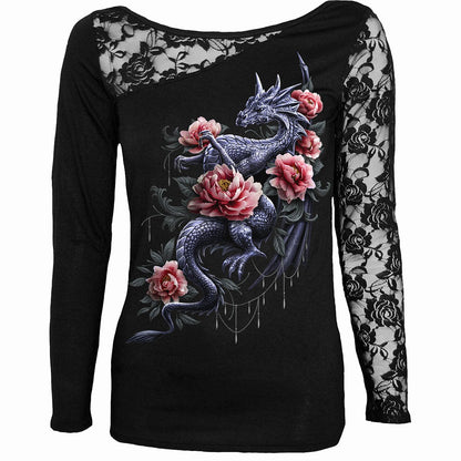 DRAGON ROSE SLANT - Lace One Shoulder Top Black