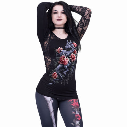 DRAGON ROSE SLANT - Lace One Shoulder Top Black