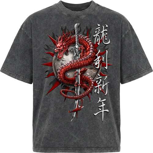 ORIENTAL DRAGON  - Box T-Shirt Acid Wash Charcoal