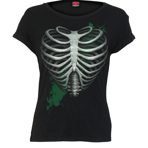 HEART RIBS - GLOW IN THE DARK - Boatneck Cap Sleeve Top Black