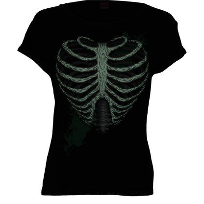 HEART RIBS - GLOW IN THE DARK - Boatneck Cap Sleeve Top Black